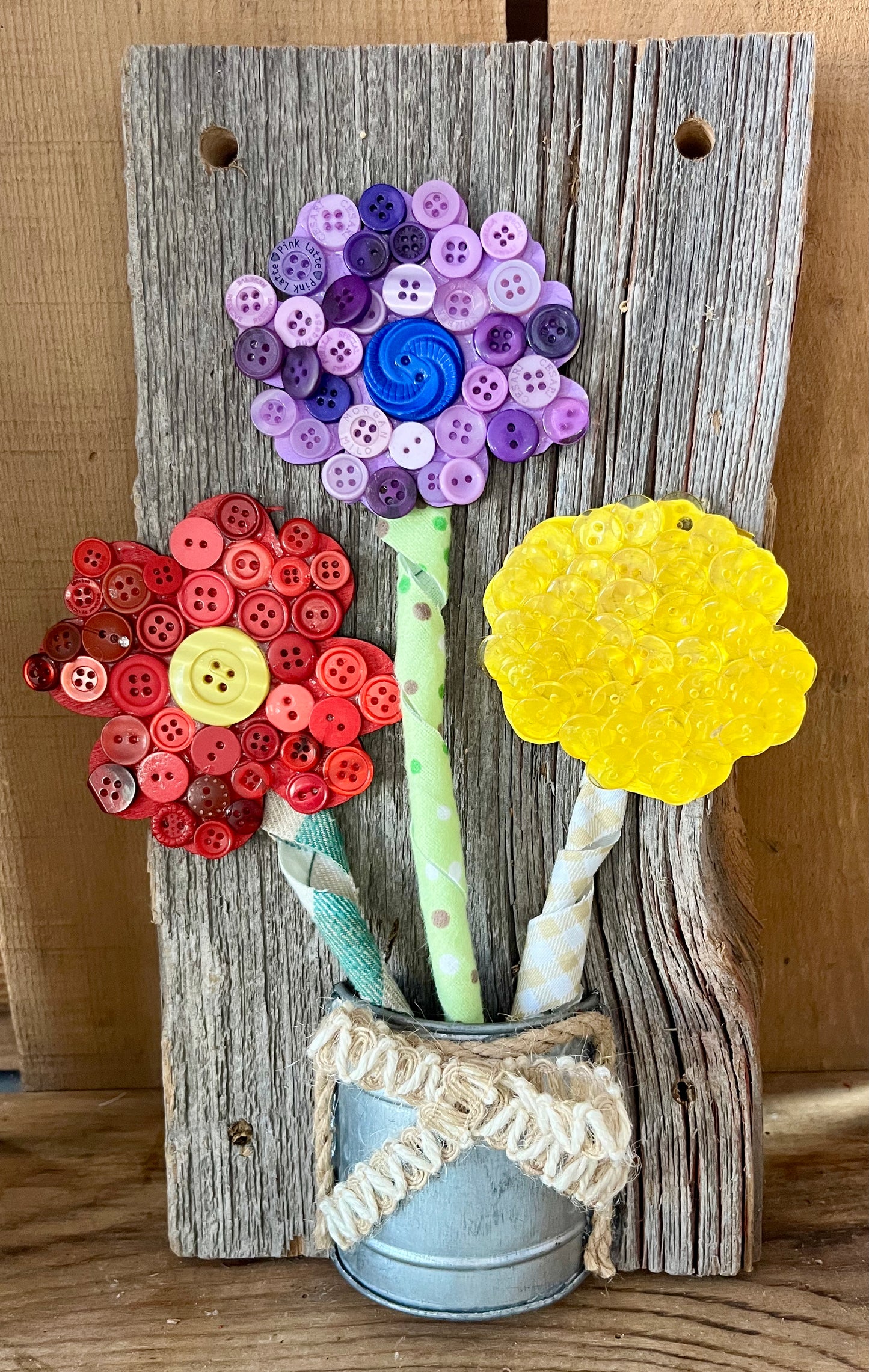 Wood Metal Watering Can Button Flowers #2
