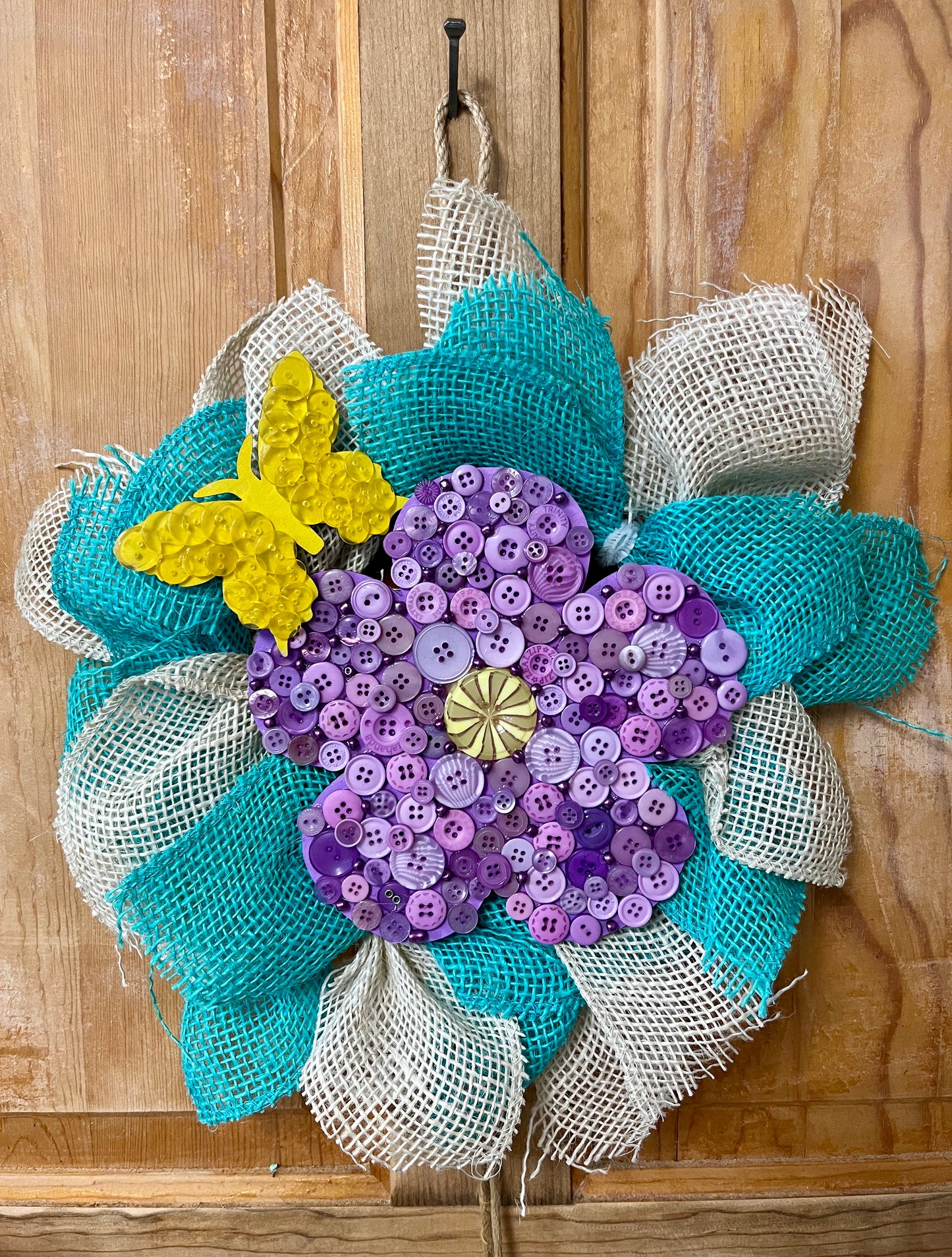 Burlap Wreath Turquoise & White Button Flower Butterfly