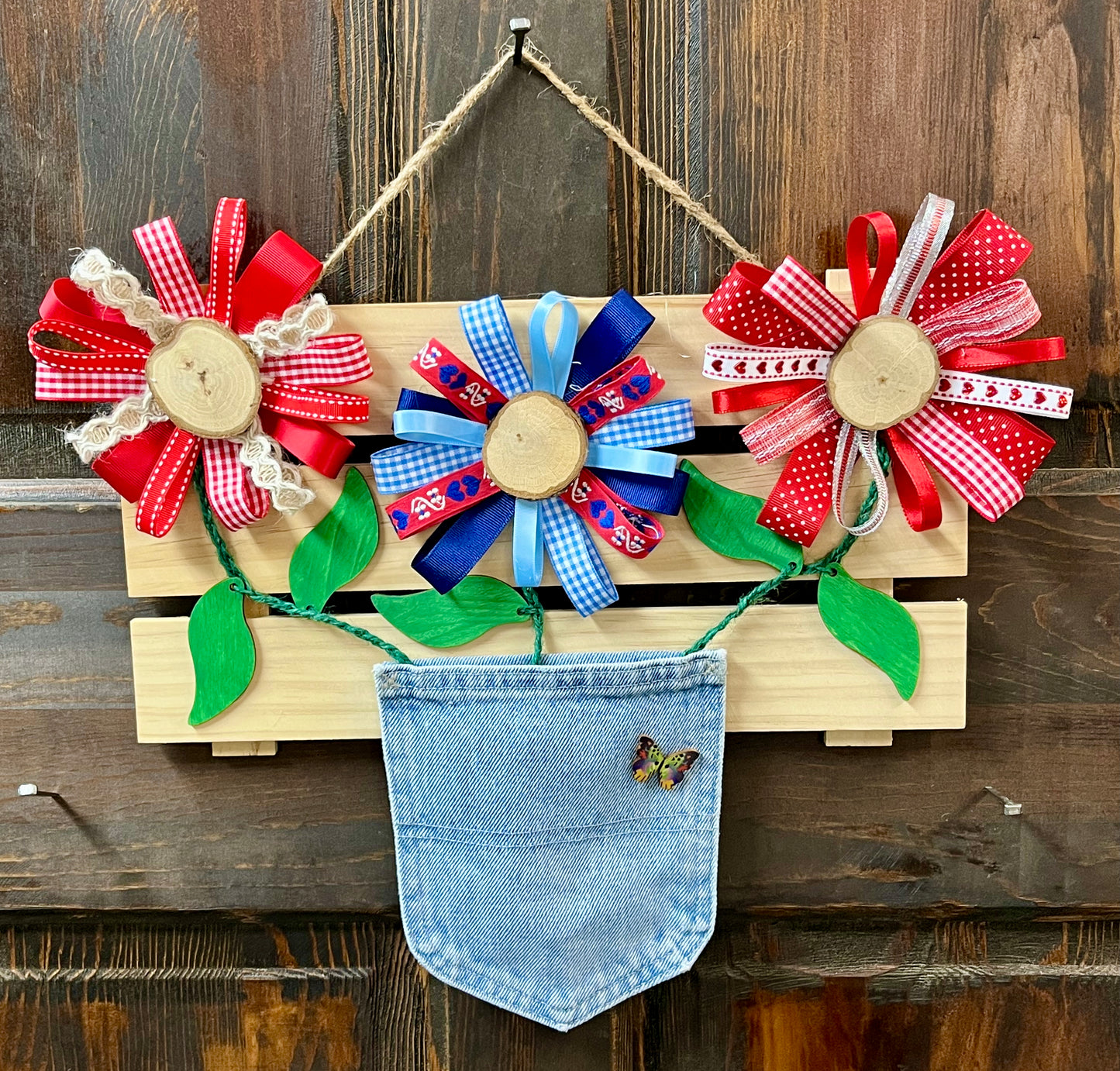 Wood Fabric Flowers Denim Pocket #1