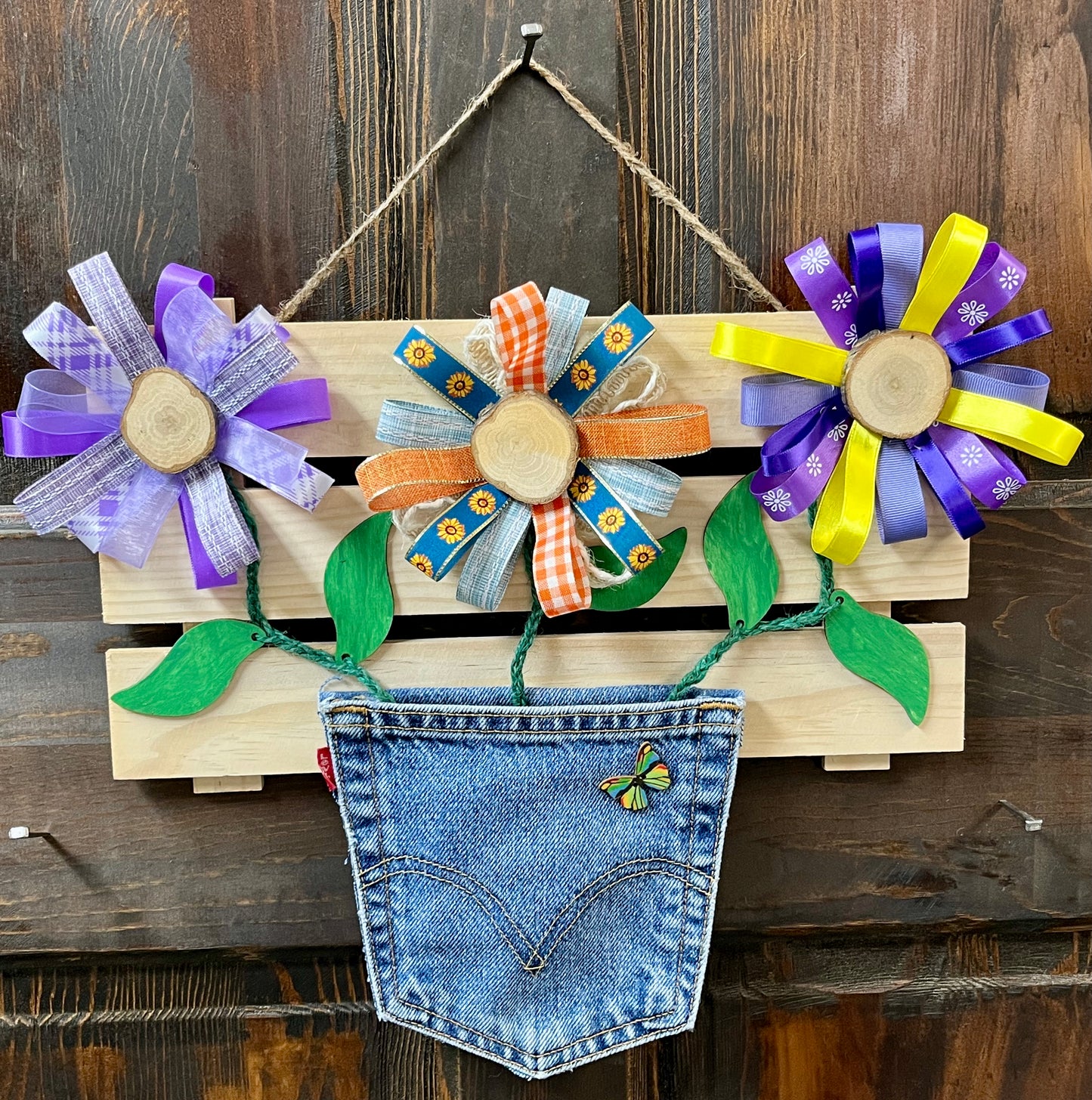 Wood Fabric Flowers Denim Pocket #2