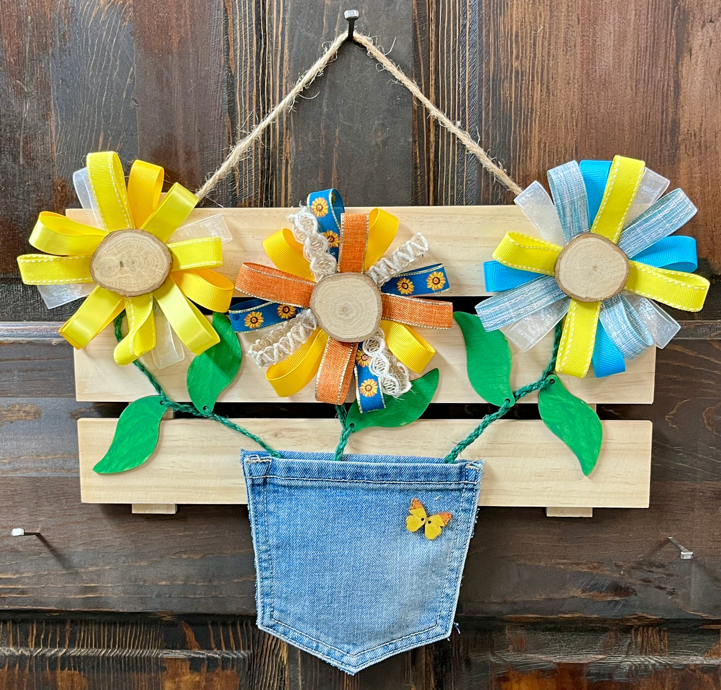 Wood Fabric Flowers Denim Pocket #3
