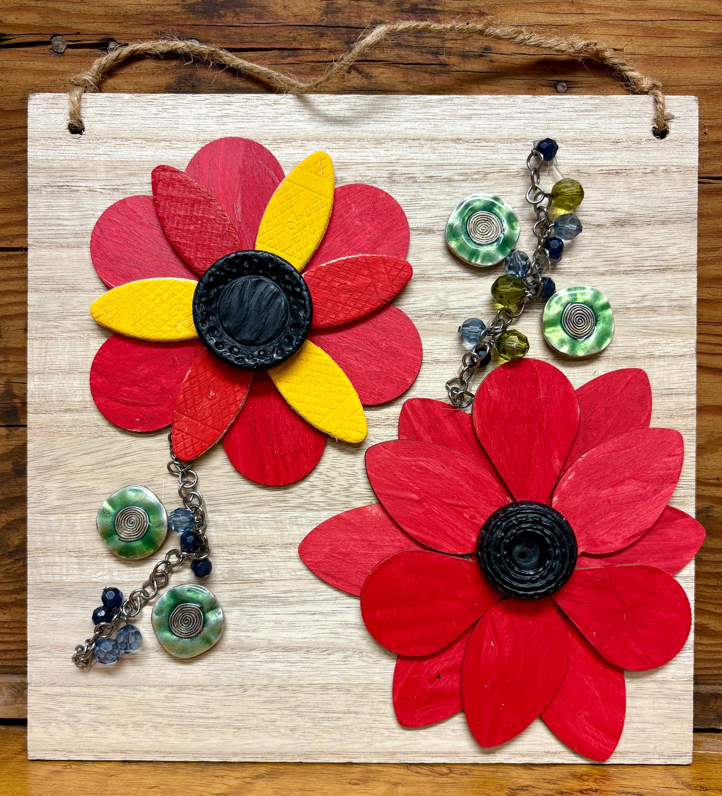 Wood Red and Yellow Flowers