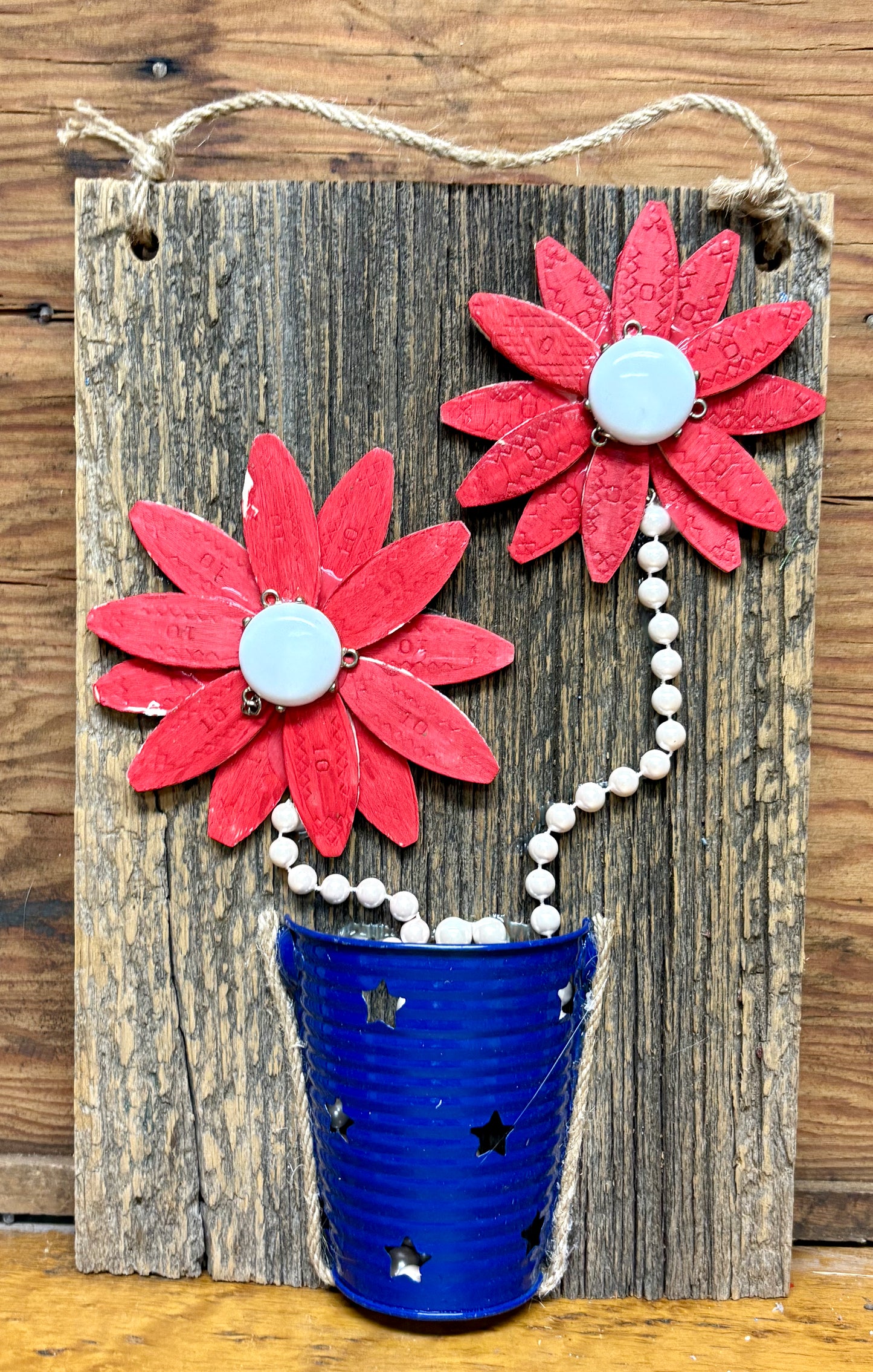 Wood Flowers with Blue Tin