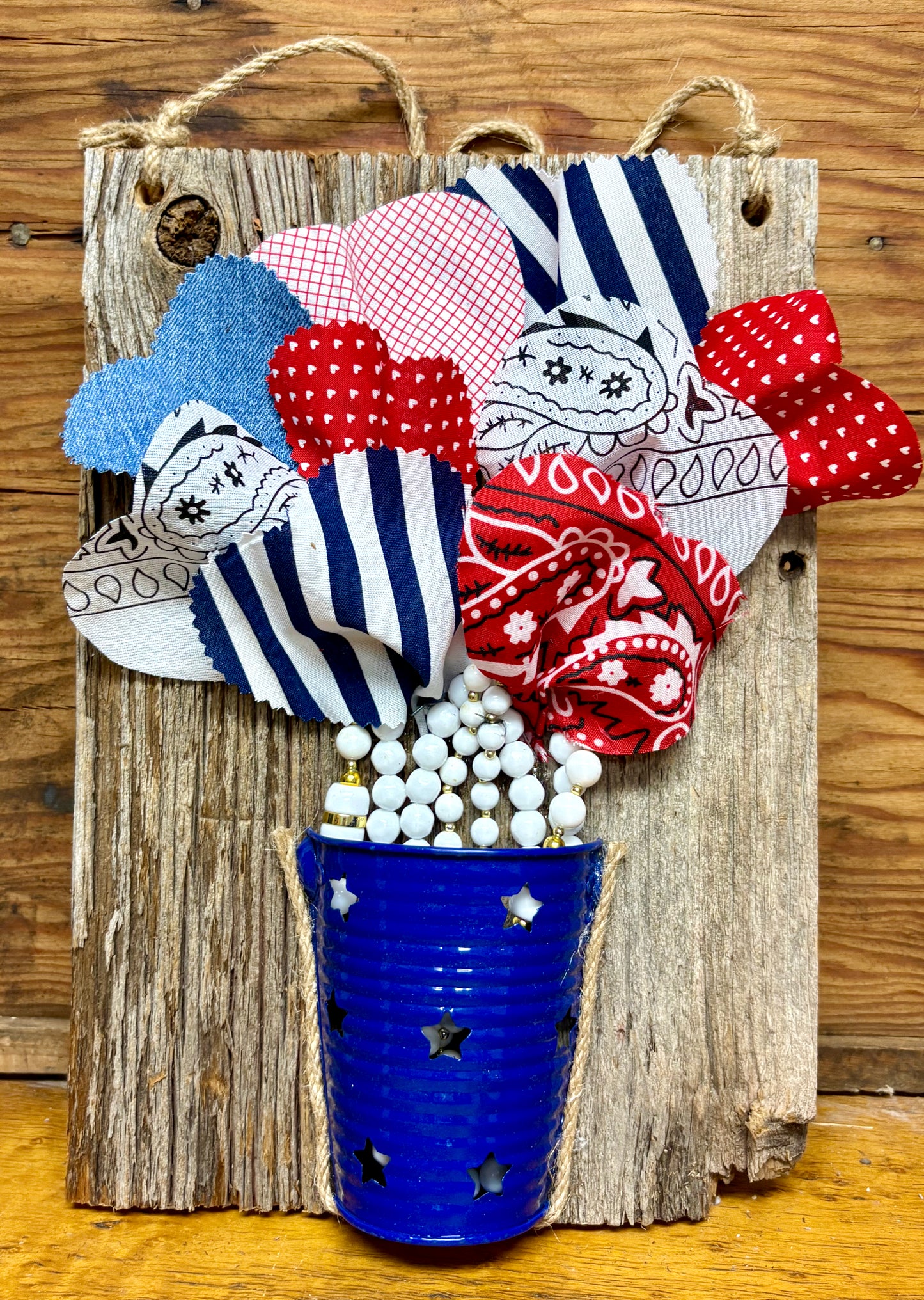 Fabric Flowers on Wood