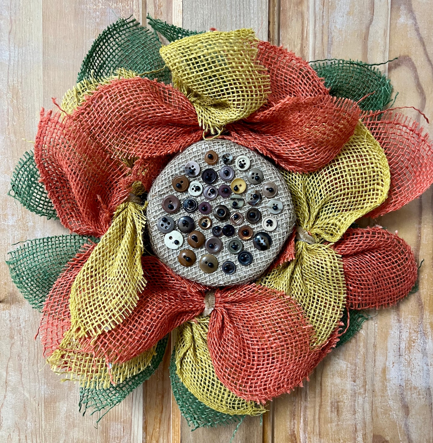 Burlap Wreath Button Center Orange & Yellow
