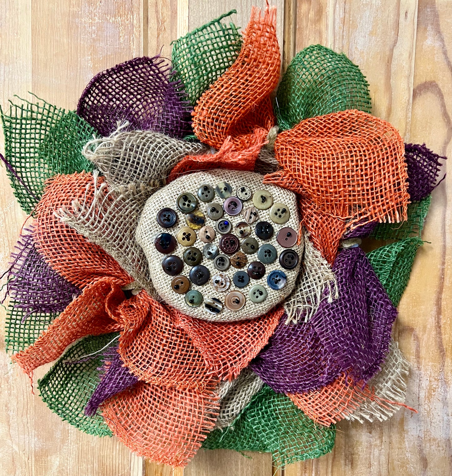Burlap Wreath Button Center Orange & Purple