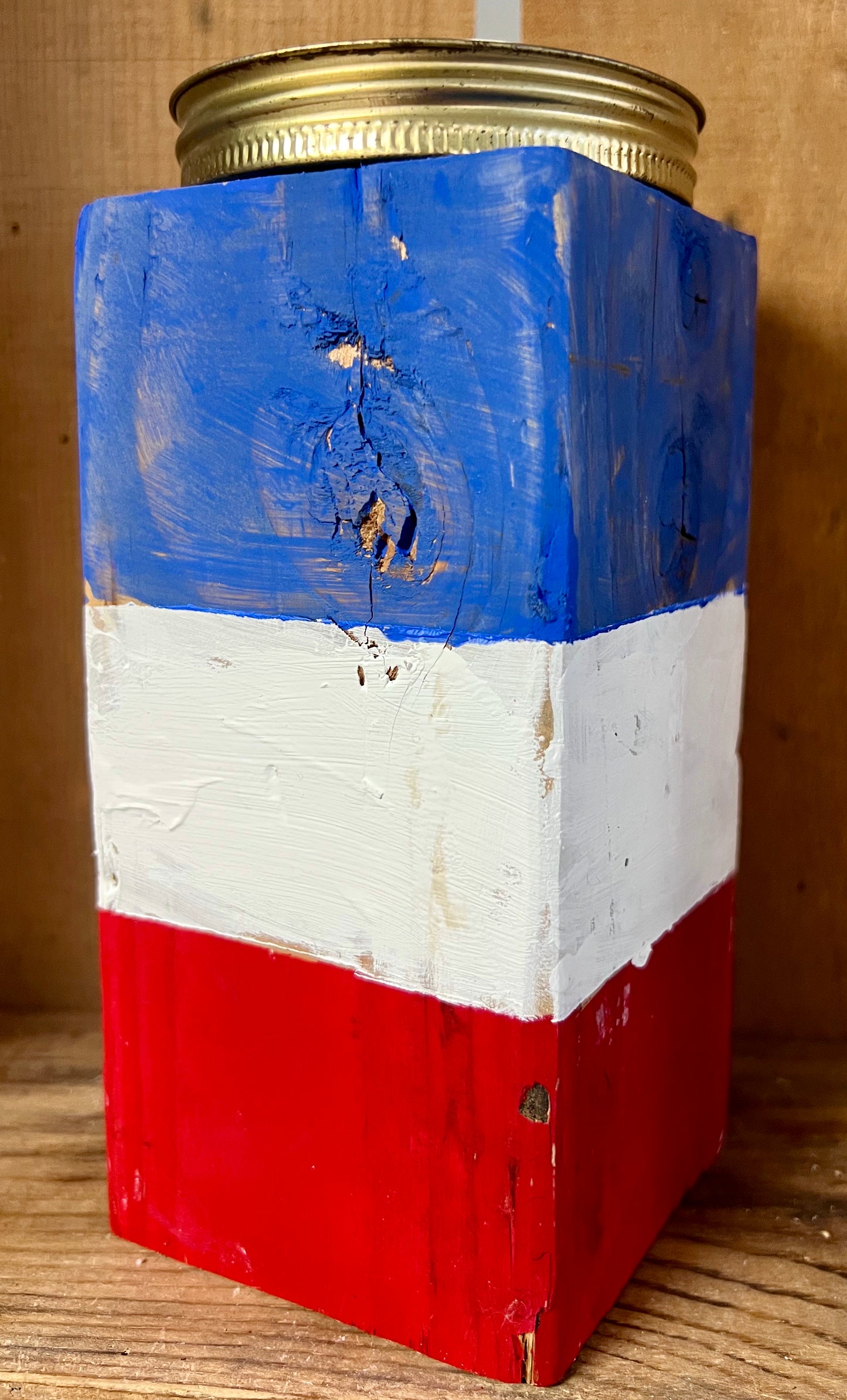 Wood Candle Holder Red White & Blue