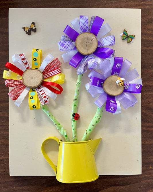 Wood Metal Watering Can Fabric Flowers #5