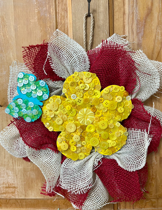 Burlap Wreath Red & White Button Flower Butterfly