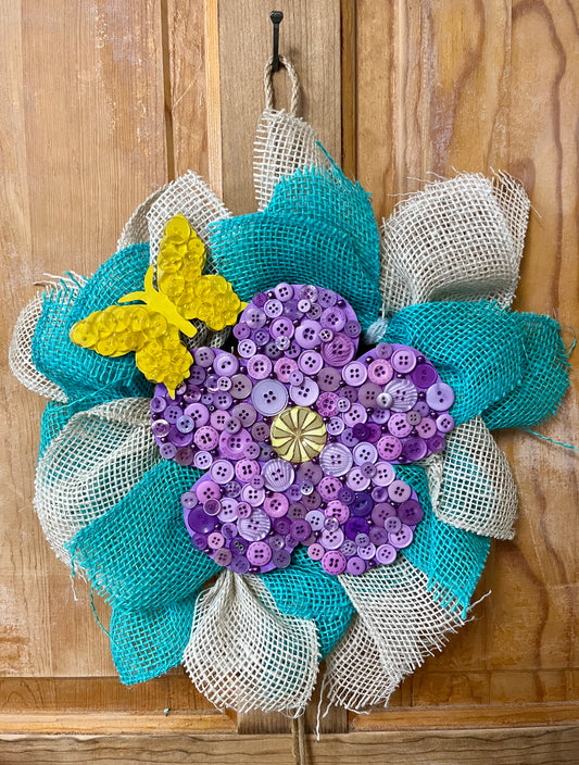 Burlap Wreath Turquoise & White Button Flower Butterfly