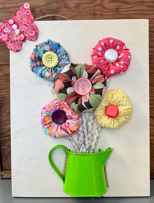 Wood Metal Watering Can Fabric Flowers #6
