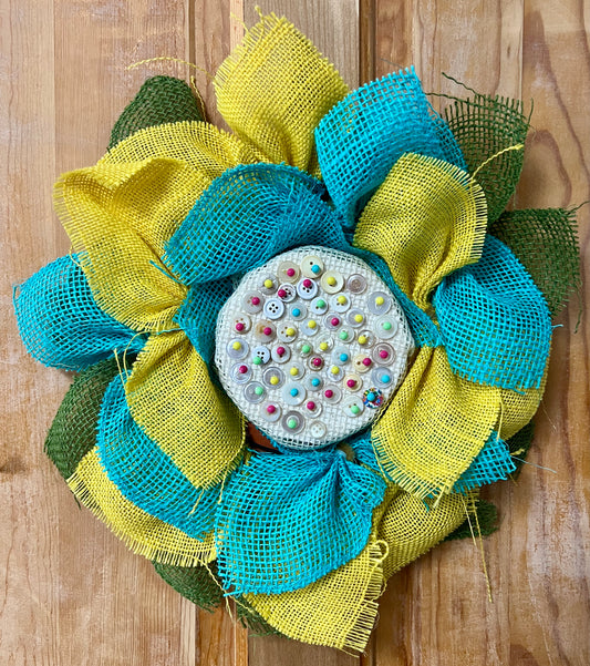 Burlap Wreath Button Center Turquoise & Yellow #1