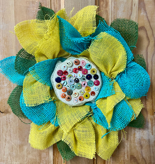 Burlap Wreath Button Center Turquoise & Yellow #2
